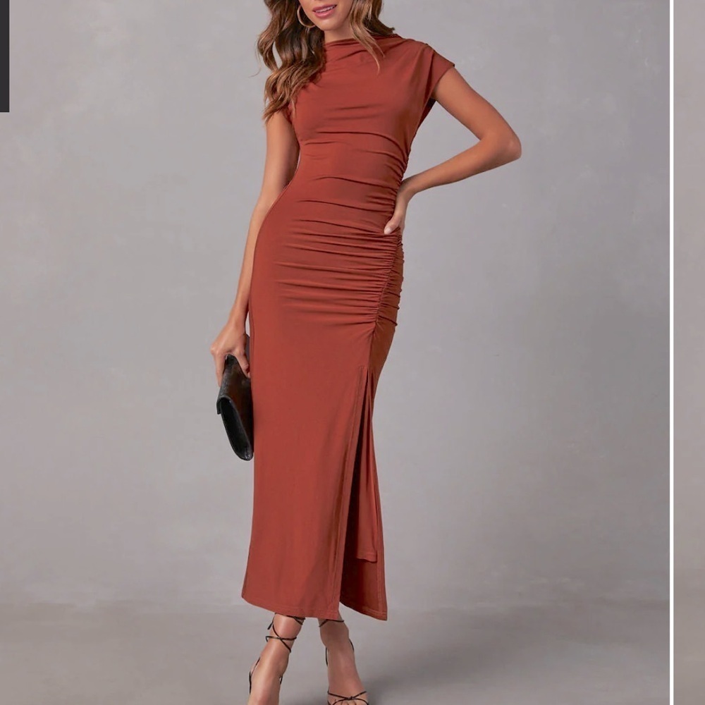 Elisabeth Mock Neck Side Slit Ruched Midi Dress, color: Harvest, size XL